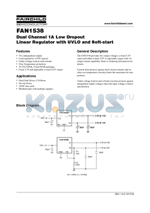 FAN1538DAX datasheet - Dual Channel 1A Low Dropout Linear Regulator with UVLO and Soft-start