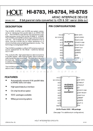 HI-8783PDT datasheet - ARINC INTERFACE DEVICE 8-BIT PARALLEL DATA CONVERTED 429&561 SERIAL DATA OUT