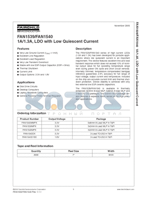 FAN1539MPX datasheet - 1A/1.3A, LDO with Low Quiescent Current