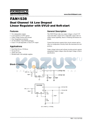 FAN1538PBX datasheet - Dual Channel 1A Low Dropout Linear Regulator with UVLO and Soft-start