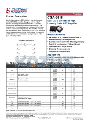 CGA-6618 datasheet - DUAL CATV BROADBAND HIGH LINEARITY GAAS HBT AMPLIFIER