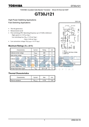 GT30J121 datasheet - TOSHIBA Insulated Gate Bipolar Transistor Silicon N Channel IGBT