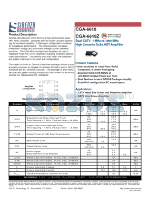 CGA-6618 datasheet - Dual CATV 1 MHz to 1000 MHz High Linearity GaAs HBT Amplifier