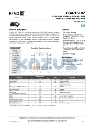 CGA1518ZTR7 datasheet - PUSH-PULL 50MHz to 1000MHz HIGH LINEARITY InGaP HBT AMPLIFIER