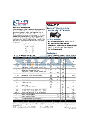 CGA-3318 datasheet - Dual CATV Broadband High Linearity SiGe HBT Amplifier