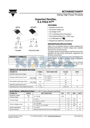 8ETH06 datasheet - Hyperfast Rectifier, 8 A FRED PtTM