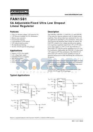 FAN1581T datasheet - 5A Adjustable/Fixed Ultra Low Dropout Linear Regulator