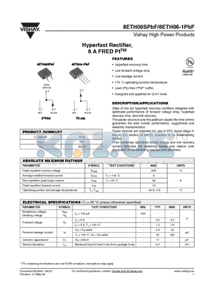 8ETH06-1PBF datasheet - Hyperfast Rectifier, 8 A FRED PtTM