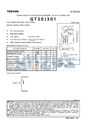 GT30J301 datasheet - N CHANNEL IGBT(HIGH POWER SWITCHING, MOTOR CONTROL APPLICATIONS)