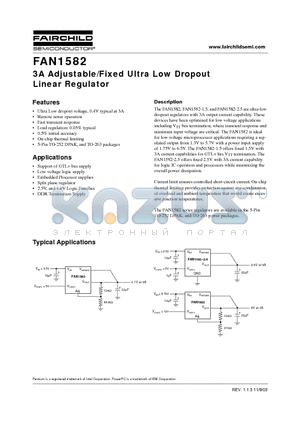 FAN1582D15X datasheet - 3A Adjustable/Fixed Ultra Low Dropout Linear Regulator