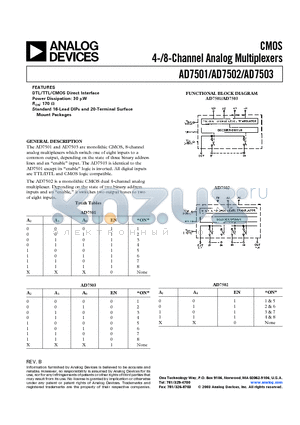 AD7501KN datasheet - CMOS 4/8 Channel Analog Multiplexers