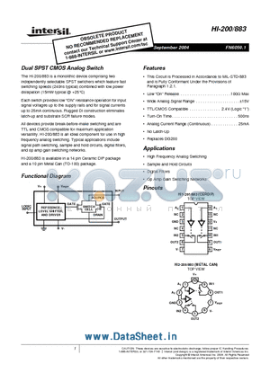 HI-883 datasheet - The HI-200/883 is a monolithic device comprising two independently selectable SPST switchers which feature fast switching speeds