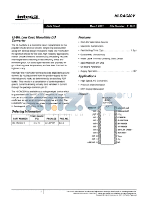 HI-DAC80V datasheet - 12-Bit, Low Cost, Monolithic D/A Converter