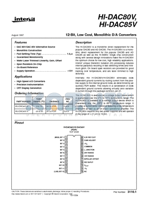 HI-DAC85V datasheet - 12-Bit, Low Cost, Monolithic D/A Converters