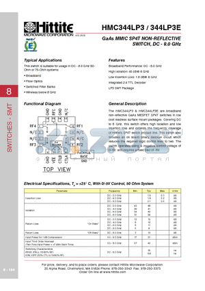 344LP3E datasheet - GaAs MMIC SP4T NON-REFLECTIVE SWITCH, DC - 8.0 GHz