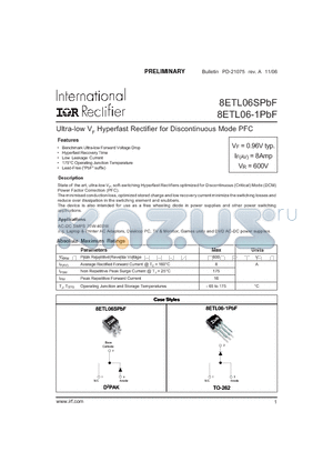 8ETL06-1TRL datasheet - Ultra-low VF Hyperfast Rectifier for Discontinuous Mode PFC