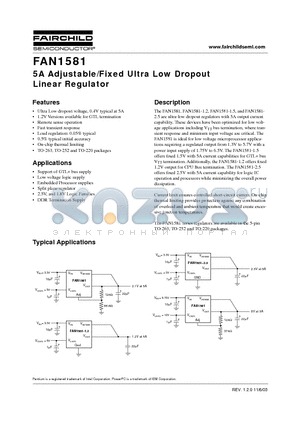 FAN1581 datasheet - 5A Adjustable/Fixed Ultra Low Dropout Linear Regulator