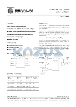 GT4123BCKAE3 datasheet - GT4123B Two Channel Video Multiplier