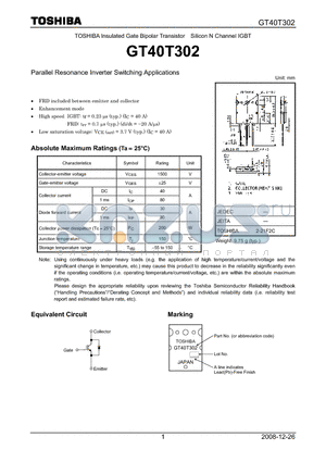 GT40T302 datasheet - Insulated Gate Bipolar Transistor Silicon N Channel IGBT