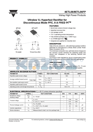8ETL06FP datasheet - Ultralow VF Hyperfast Rectifier for Discontinuous Mode PFC, 8 A FRED PtTM