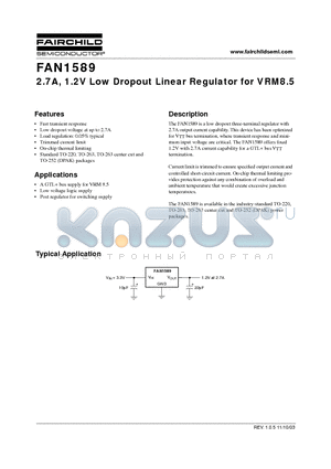 FAN1589 datasheet - 2.7A, 1.2V Low Dropout Linear Regulator for VRM8.5