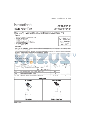 8ETL06FPPBF datasheet - Ultra-low VF Hyperfast Rectifier for Discontinuous Mode PFC