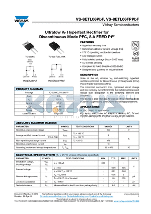 8ETL06PBF_11 datasheet - Ultralow VF Hyperfast Rectifier for Discontinuous Mode PFC, 8 A FRED Pt