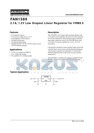 FAN1589T datasheet - 2.7A, 1.2V Low Dropout Linear Regulator for VRM8.5