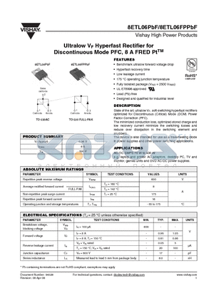 8ETL06PBF datasheet - Ultralow VF Hyperfast Rectifier for Discontinuous Mode PFC, 8 A FRED PtTM