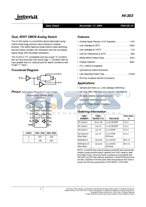 HI1-0303-2 datasheet - Dual, SPDT CMOS Analog Switch