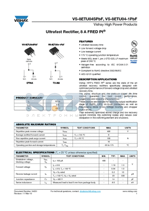 8ETU04-1TRLPBF datasheet - Ultrafast Rectifier, 8 A FRED Pt