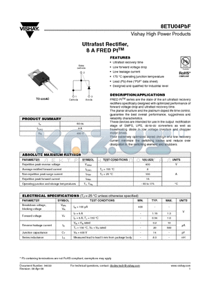 8ETU04PBF datasheet - Ultrafast Rectifier, 8 A FRED PtTM