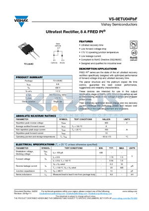 8ETU04PBF datasheet - Ultrafast Rectifier, 8 A FRED Pt