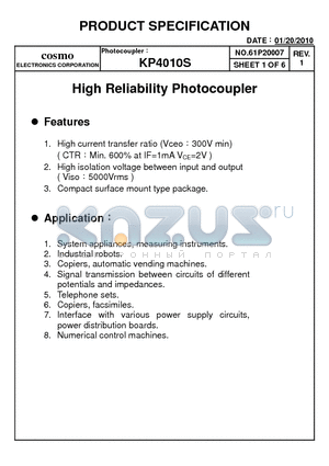 KP4010S datasheet - High Reliability Photocoupler