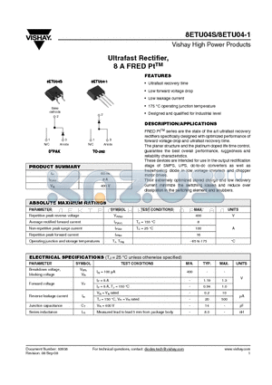 8ETU04S datasheet - Ultrafast Rectifier, 8 A FRED PtTM