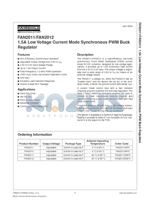 FAN2011I datasheet - 1.5A Low Voltage Current Mode Synchronous PWM Buck Regulator