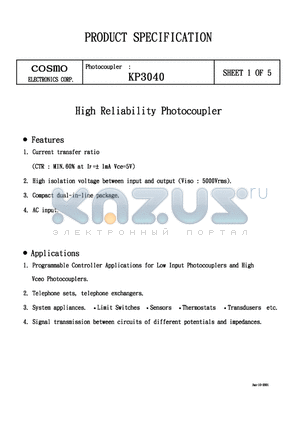 KP3040 datasheet - PHOTOCOUPLER