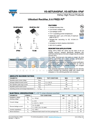 8ETU04STRLPBF datasheet - Ultrafast Rectifier, 8 A FRED Pt