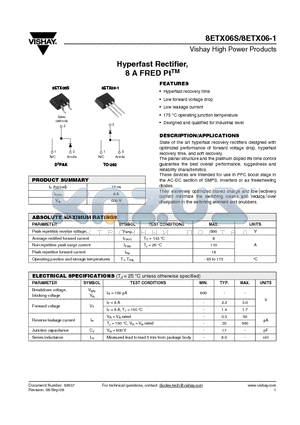 8ETX06-1 datasheet - Hyperfast Rectifier, 8 A FRED PtTM