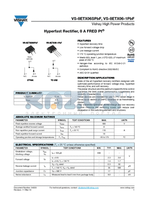 8ETX06-1PBF datasheet - Hyperfast Rectifier, 8 A FRED Pt