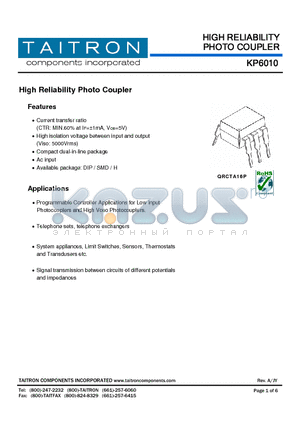 KP6010 datasheet - High Reliability Photo Coupler