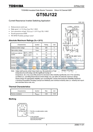 GT50J122 datasheet - Current Resonance Inverter Switching Application