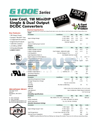 G102E datasheet - Low Cost, 1W MiniDIP Single & Dual Output DC/DC Converters