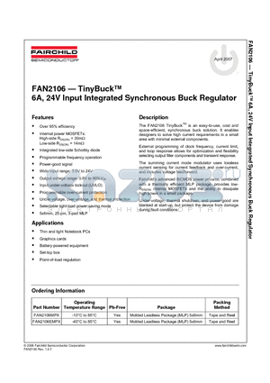FAN2106 datasheet - TinyBuck 6A, 24V Input Integrated Synchronous Buck Regulator