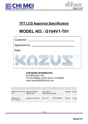 G104V1-T01 datasheet - TFT LCD Approval Specification