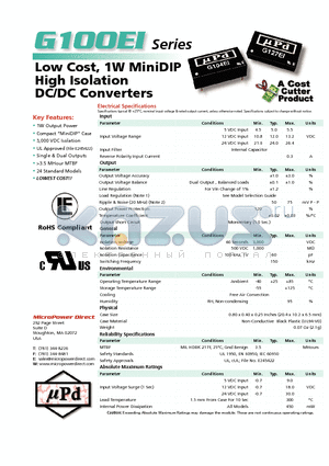 G102EI datasheet - Low Cost, 1W MiniDIP High Isolation DC/DC Converters