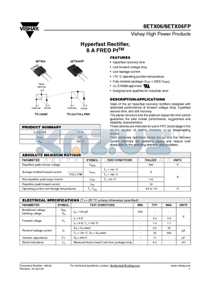 8ETX06FP datasheet - Hyperfast Rectifier, 8 A FRED PtTM