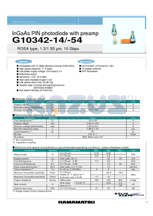 G10342-54 datasheet - InGaAs PIN photodiode with preamp