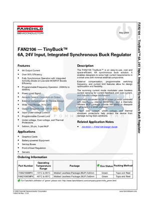 FAN2106 datasheet - TinyBuck  6A, 24V Input, Integrated Synchronous Buck Regulator