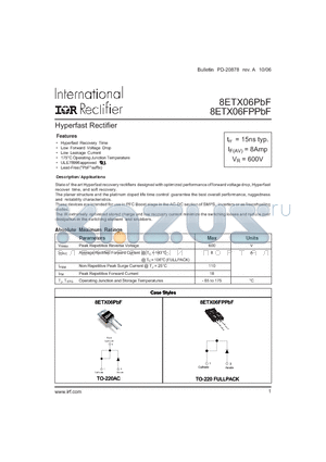 8ETX06PBF datasheet - Hyperfast Rectifier